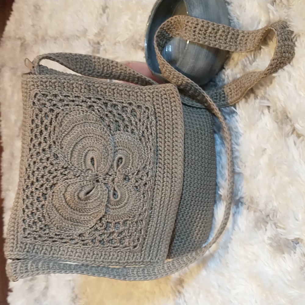 Crocheted crossbody bag with butterfly on front flap-satin lining